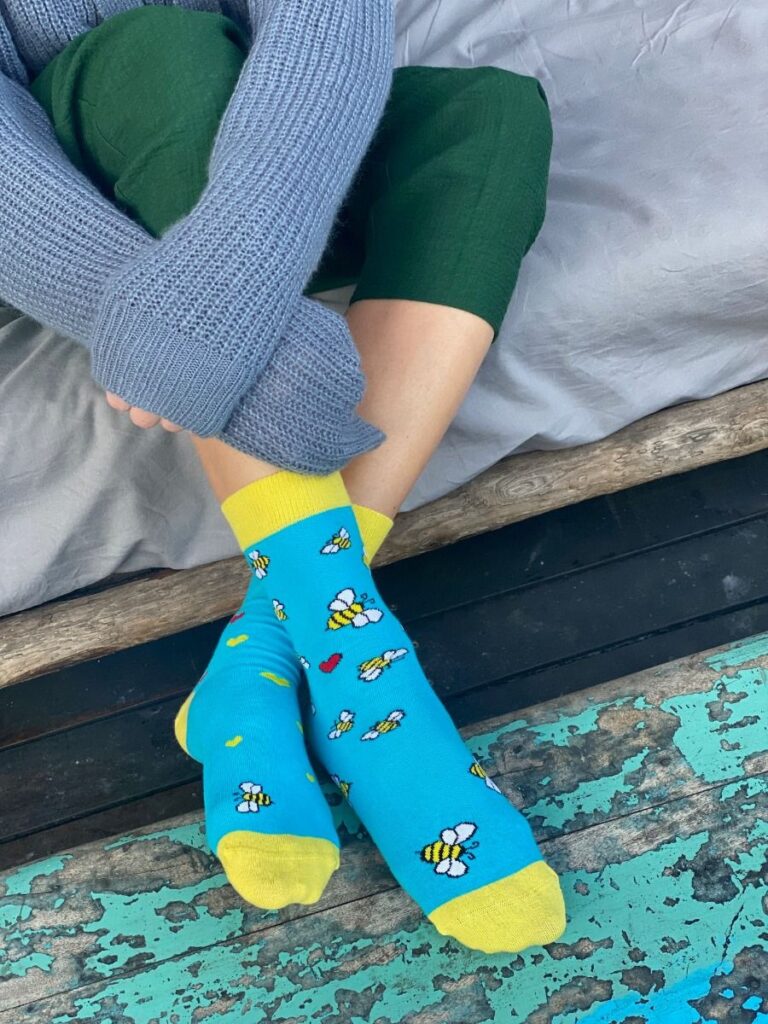 socks with hearts and bees
