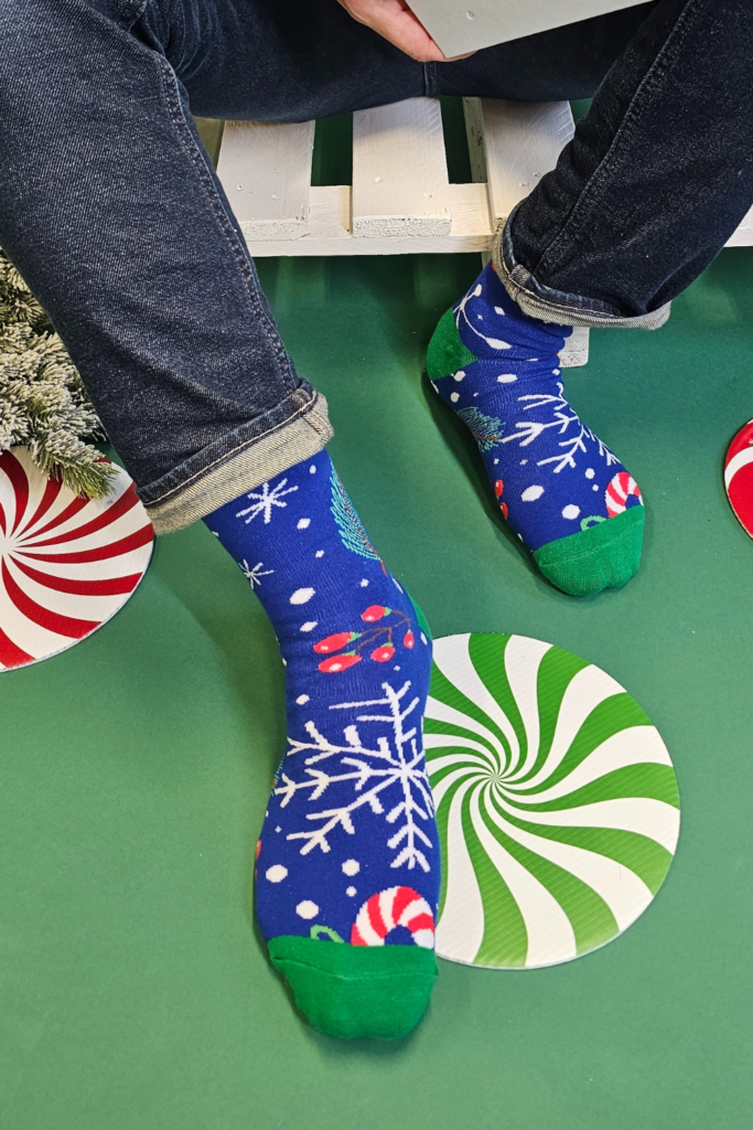 Festive socks with candy canes and snowflakes