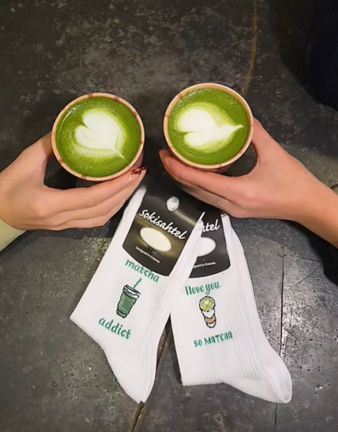 Fresh matcha latte and special matcha socks