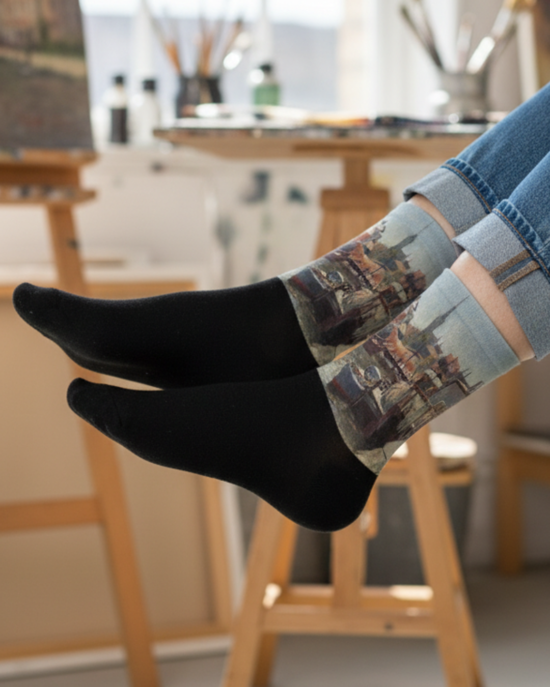 Custom city print socks wholesale - designer socks in cafe setting