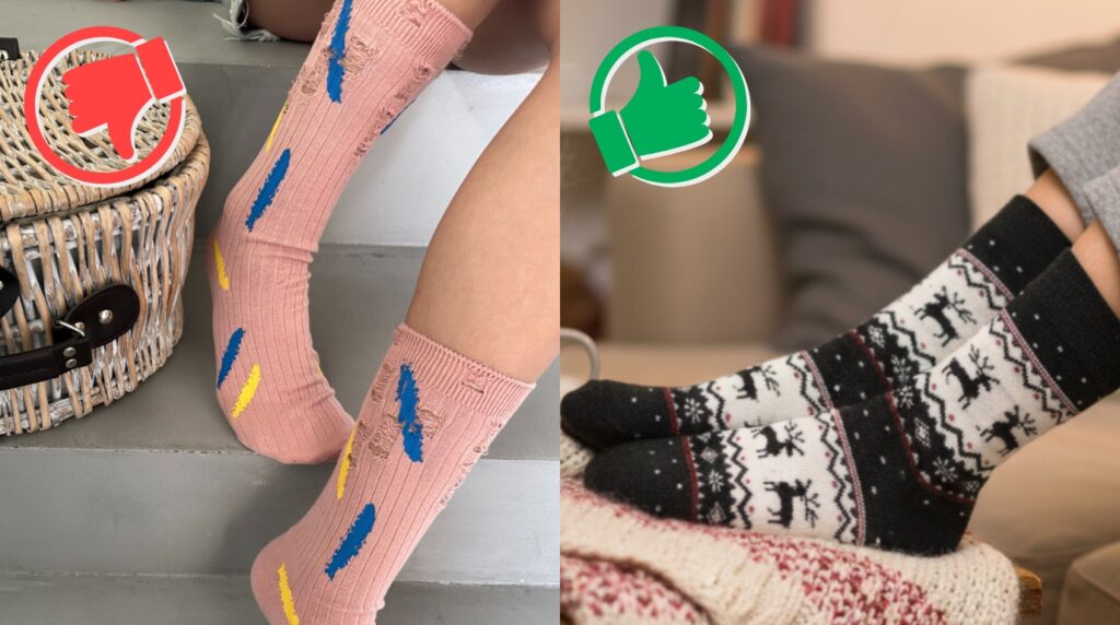 Side-by-side comparison of worn cotton socks and patterned wool socks showing better durability and appearance.