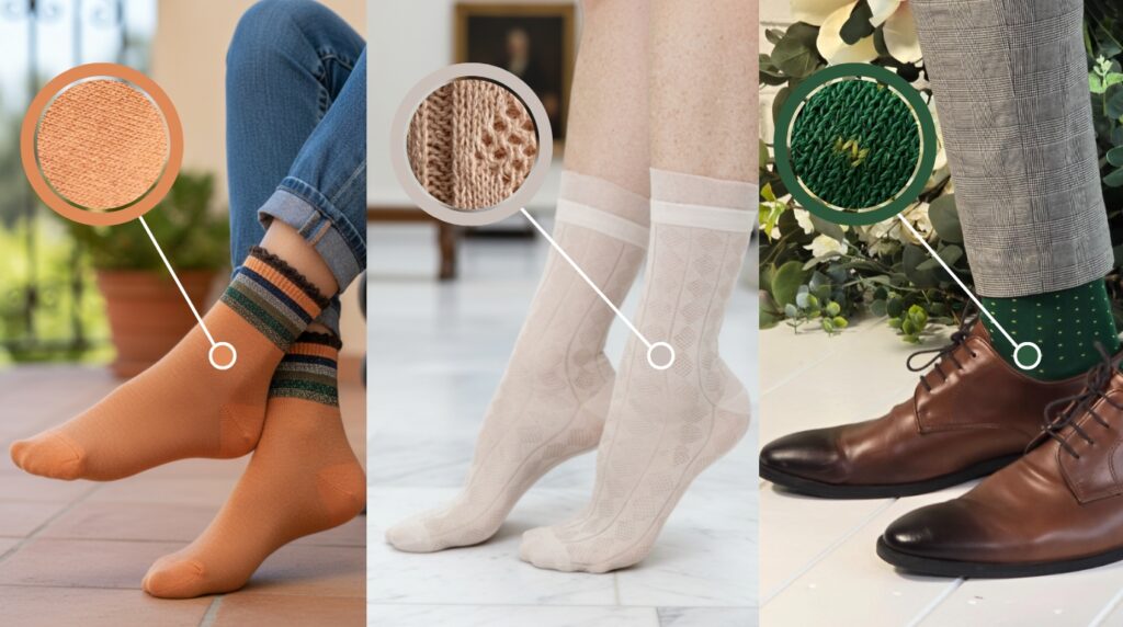 Material comparison of socks with close-up texture shots, showing visible differences in knit and weave between cotton, merino wool, bamboo viscose and synthetic-blend styles.