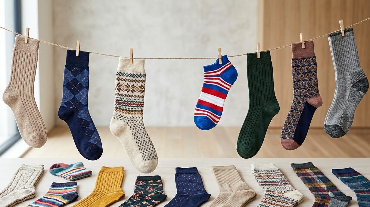 Various socks in different lengths and styles, including ankle, crew and athletic socks, arranged side by side on a clothesline and table.