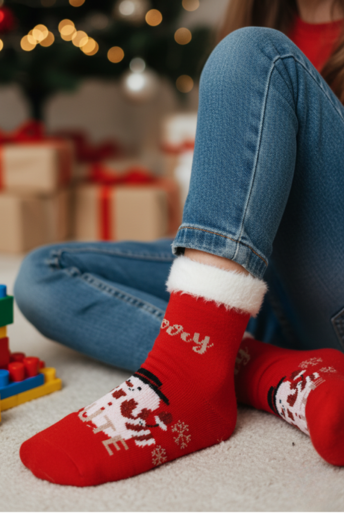 Person in jeans wearing red festive wool socks with white cuffs and holiday pattern beside Christmas gifts.