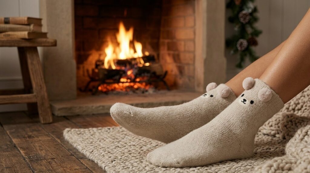 Person wearing cozy cream wool socks with bear faces while relaxing by a warm fireplace.