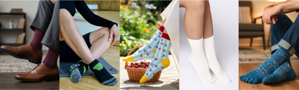 Grid of different sock types, including classic dress socks, sports socks, patterned socks, compression socks and toe socks, shown in everyday wear.