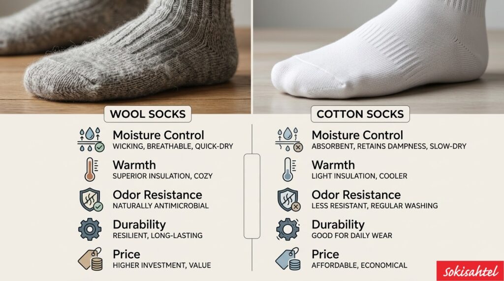 Infographic comparing wool socks and cotton socks, showing wool socks offer better moisture control, warmth, odor resistance, and durability, while cotton socks are more affordable.