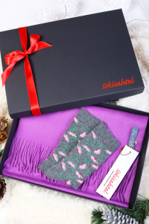 Alpaca wool purple scarf and dark grey CONEFLOWER socks gift box | Sokisahtel