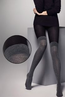 Women's black over-the-knee tights with mock sock effect, soft and comfortable appearance.