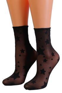 Женские тонкие фантазийные носки чёрного цвета с узором в виде звёздочек AMY | Sokisahtel
