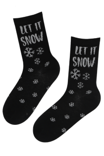 Женские хлопковые носки чёрного цвета с изображением блестящих снежинок и надписью ANGEL | Sokisahtel