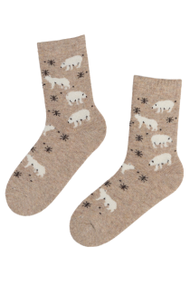 Женские тёплые шерстяные носки бежевого цвета с изображением белых мишек и снежинок ARCTIC | Sokisahtel