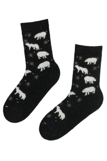 Женские тёплые шерстяные носки чёрного цвета с изображением белых мишек и снежинок ARCTIC | Sokisahtel