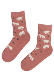 Женские тёплые шерстяные носки кораллово-розового цвета с изображением белых мишек и снежинок ARCTIC | Sokisahtel