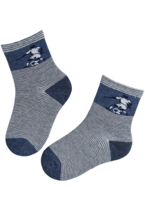 Blue cotton socks for kids with a soccer player pattern.