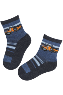 Blue cotton socks for kids with a motorcycle pattern.