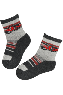 ARON grey cotton socks for kids with motorcycle design.
