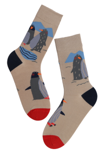 Хлопковые носки бежевого цвета с изображением пингвинов в стиле книжной иллюстрации AXEL | Sokisahtel