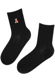 Хлопковые носки чёрного цвета с тканым плетёным узором и мишками BIBI | Sokisahtel