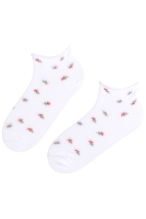 Хлопковые укороченные (спортивные) носки белого цвета с комфортной кромкой и розовыми цветами BLAIR | Sokisahtel