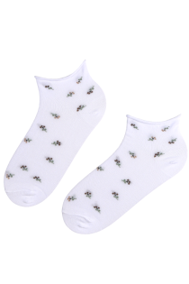 Хлопковые укороченные (спортивные) носки белого цвета с комфортной кромкой и тёмно-красными цветами BLAIR | Sokisahtel