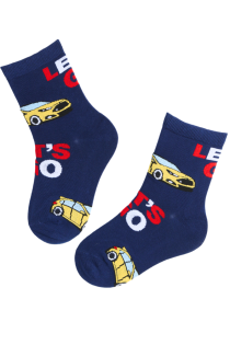 Dark blue children's socks with car prints and 'LET'S GO' lettering.