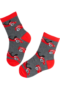 Gray children's socks with car pattern.