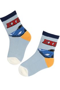 Light blue children's socks with cars and 'EX!' text, featuring reinforced heels.