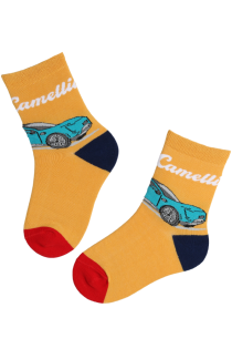 Yellow children's socks with car patterns, red heels, and blue toes.
