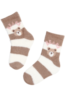 Мягкие полосатые носки бело-коричневого цвета с милыми медвежатами COOL BEAR | Sokisahtel
