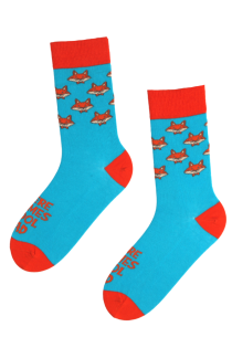 HERE COMES COOL DAD message socks with blue foxes for Father's Day | Sokisahtel