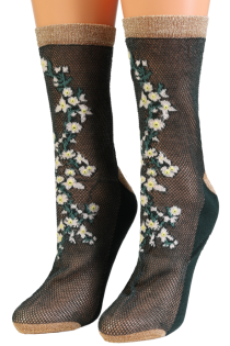 Фантазийные носки тёмно-зелёного цвета с блеском и цветочным узором DAISY | Sokisahtel