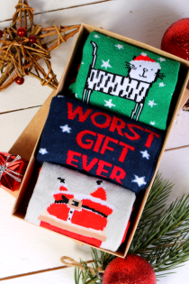 Праздничный подарочный набор из 3 пар весёлых юмористических хлопковых носков в зимней тематике для мужчин и женщин DEAR SANTA | Sokisahtel