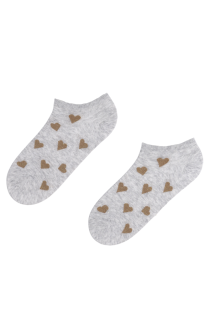 Женские укороченные (спортивные) хлопковые носки светло-серого цвета с изображением блестящих сердечек PIIA | Sokisahtel