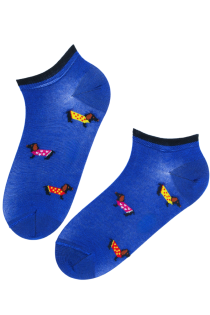 Хлопковые укороченные (спортивные) носки синего цвета c собаками породы такса DOXIE | Sokisahtel