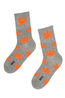 Мужские хлопковые носки серого цвета с изображением неоново-оранжевых листьев LEAF | Sokisahtel