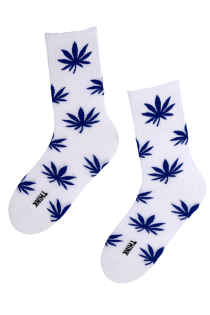 Мужские хлопковые носки белого цвета с изображением тёмно-синих листьев LEAF | Sokisahtel
