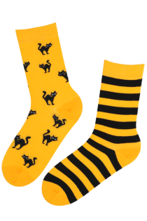 SCAREDY-CAT striped Halloween socks with a yellow cat | Sokisahtel