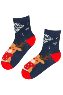 ESTHER dark blue cotton Christmas socks with reindeer | Sokisahtel