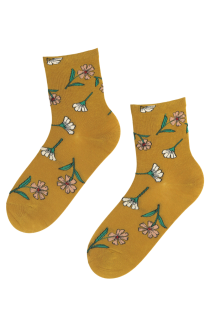 Хлопковые носки горчично-жёлтого цвета с тканым цветочным узором в нежных оттенках FLORET | Sokisahtel