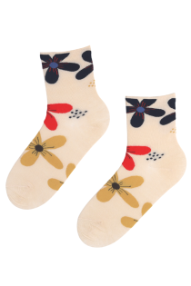Хлопковые носки кремово-белого цвета с тканым цветочным узором в ярких оттенках FLORET | Sokisahtel
