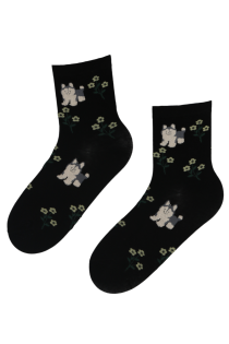 Хлопковые носки чёрного цвета с изображением пушистых собачек и нежных цветов BUBBA | Sokisahtel