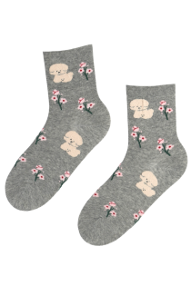 Хлопковые носки серого цвета с изображением пушистых собачек и нежных цветов BUBBA | Sokisahtel