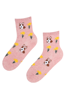 Хлопковые носки розового цвета с изображением пушистых собачек и нежных цветов BUBBA | Sokisahtel