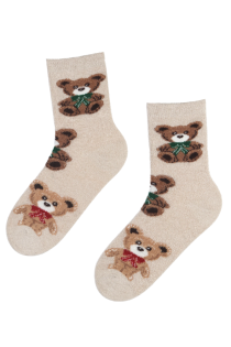 Женские тёплые пушистые носки светло-бежевого цвета с изображением плюшевых медвежат FLUFFY | Sokisahtel