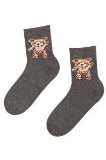 Женские тёплые пушистые носки серо-коричневого цвета с изображением плюшевого медвежонка FLUFFY | Sokisahtel