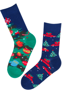 Хлопковые разнопарные носки синего цвета с ёлочкой на зимние праздники FRANZ | Sokisahtel