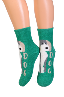 Детские тёплые пушистые носки зелёного цвета с изображением милой собачки FURBI | Sokisahtel