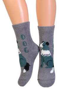 Детские тёплые пушистые носки серого цвета с изображением милой собачки FURBI | Sokisahtel
