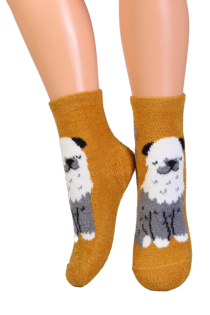 Детские тёплые пушистые носки горчично-жёлтого цвета с изображением милой собачки FURBI | Sokisahtel